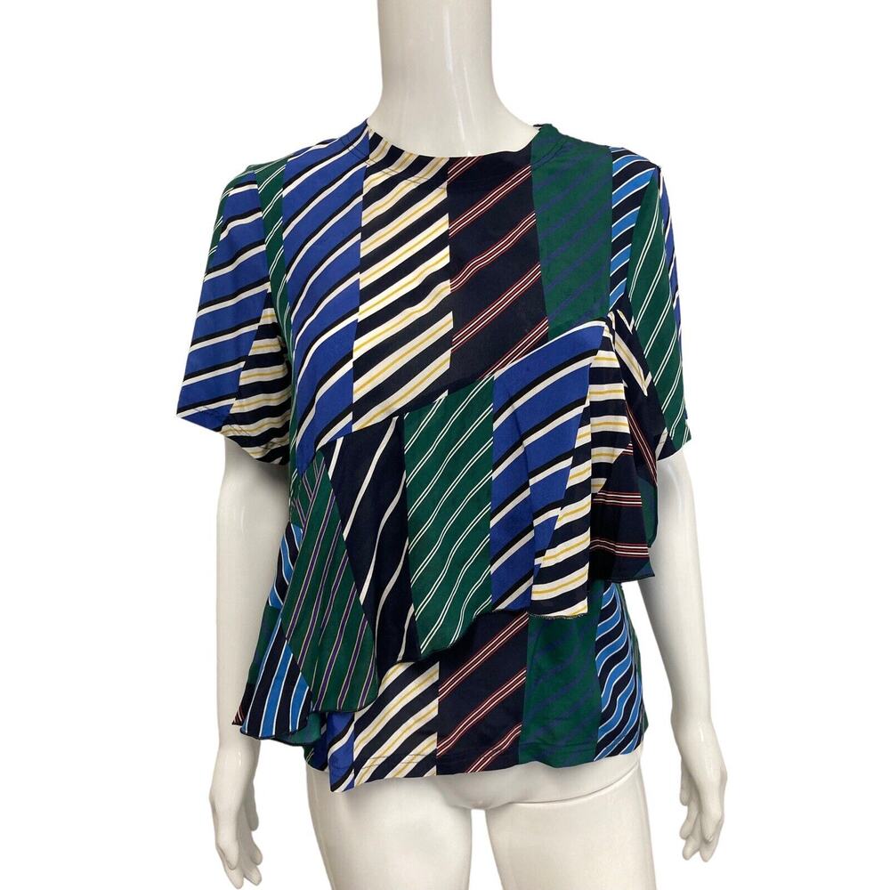 SPORTMAX CODE Blue Multi 100% Silk Striped Frill Foglia Short Sleeve Top Size 0 - Picture 1 of 4